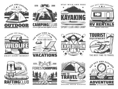 Camp tent, hiking boots, backpack, campfire icons