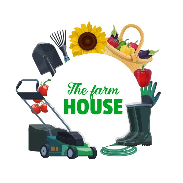 Farm spade, fork, lawn mower, boots and vegetables — Stock Vector