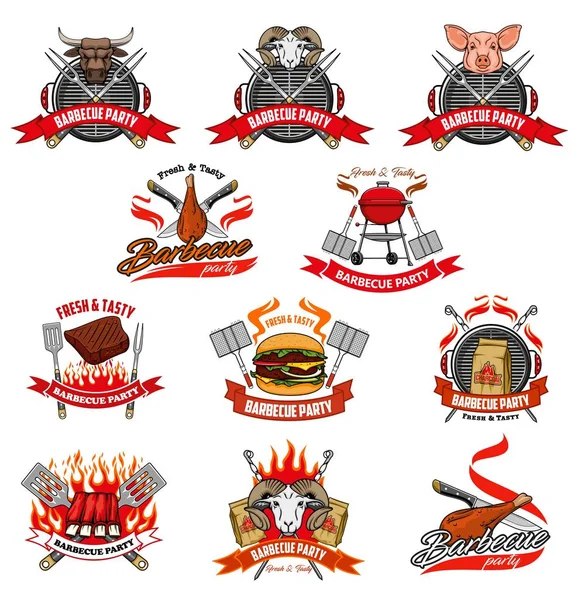 Festa de churrasco, fogo de churrasco a carvão e ícones de carne —  Vetores de Stock
