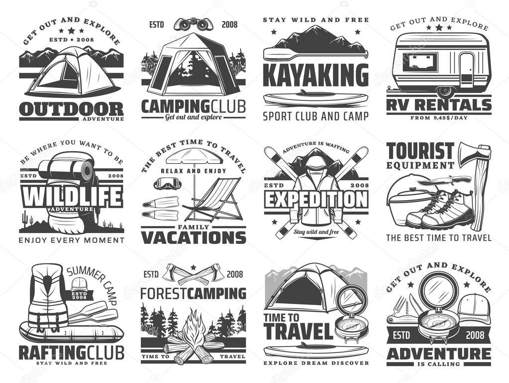 Outdoor adventure vector icons of travel, camping and rafting with sport equipment. Trekking boots, hiking backpack and mountain camp tent, campfire, compass and axes, skis, kayak, trailer