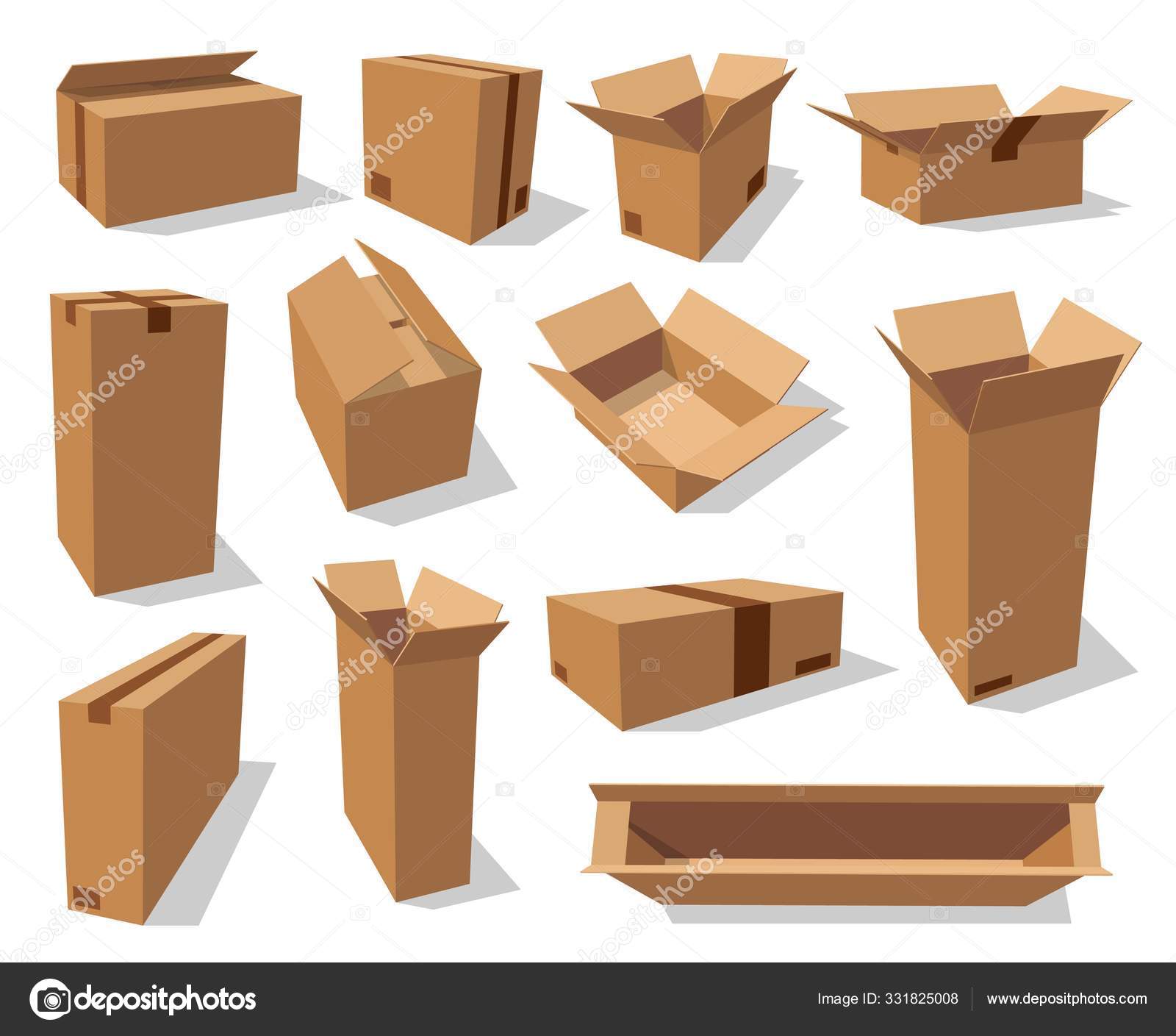 Verpackungskartons aus Karton, 3D-realistische Attrappen Stock