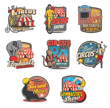 Circus tent, clown, acrobat, animal retro icons