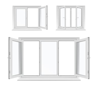 Opened windows of white plastic frames and sills