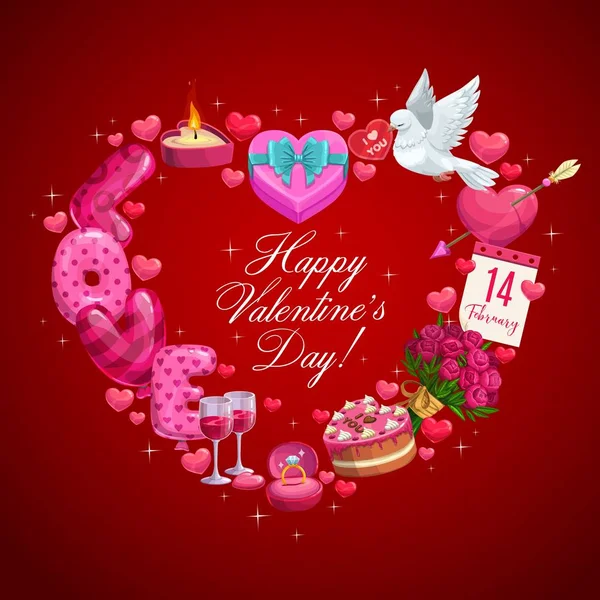 Corazón de San Valentín con regalos, anillo, flores — Vector de stock