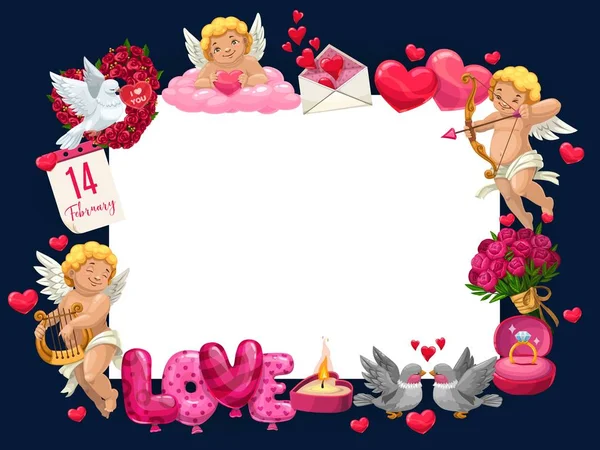 Happy Valentines day, love hearts and cupids frame — Stok Vektör