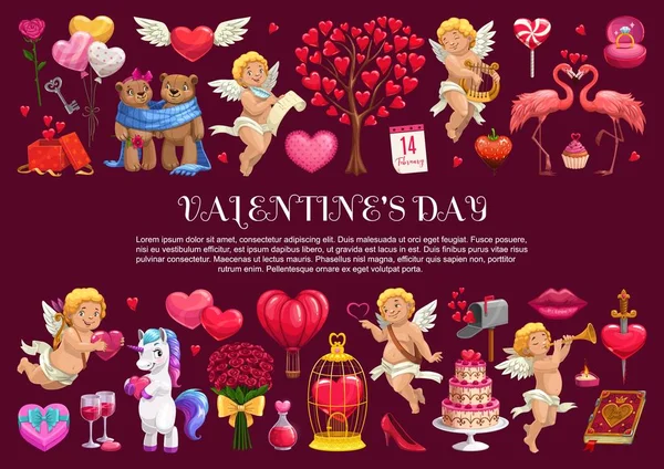 День святого Валентина подарунки, серця та купідони — стоковий вектор