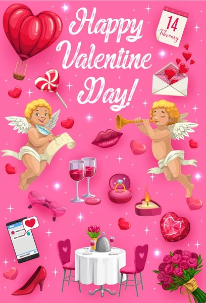 Valentijnsdag symbolen, mooie cupids, geschenken — Stockvector