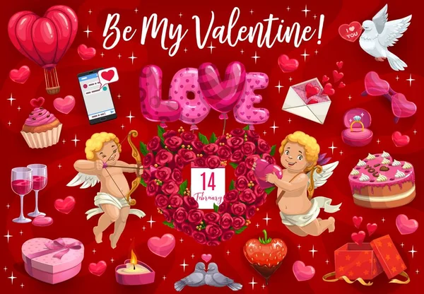 Be My Valentine, cupid angels and hearts — Stockový vektor