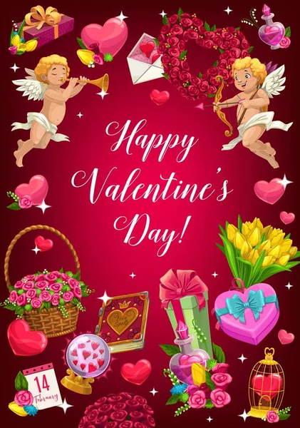 Valentines day love hearts, flowers, cupids, gifts — Stock vektor