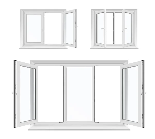 Opened windows of white plastic frames and sills — Stock Vector