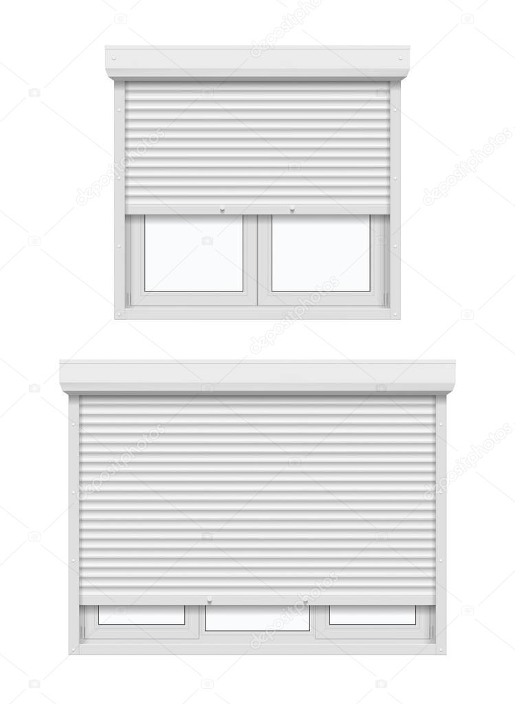 White casement windows with roller shutters