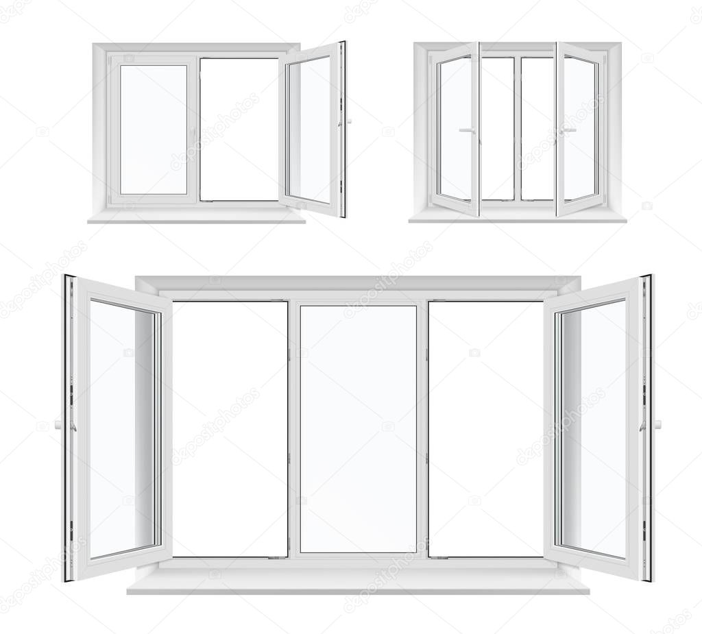 Opened windows of white plastic frames and sills