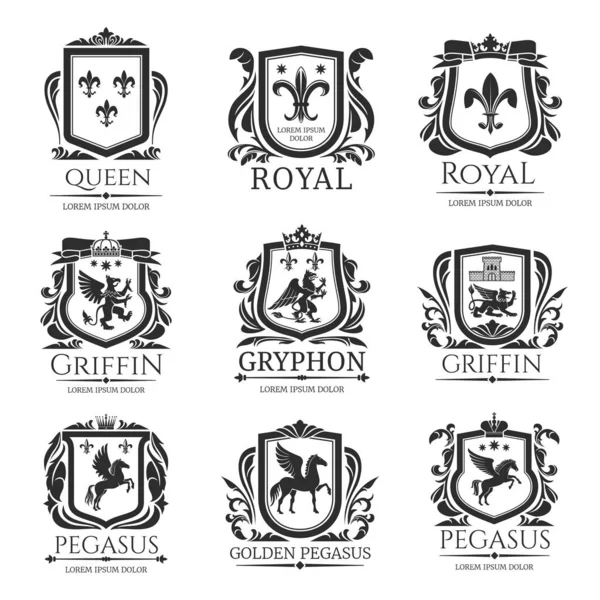 Koninklijke heraldiek emblemen, heraldische dieren pictogrammen — Stockvector