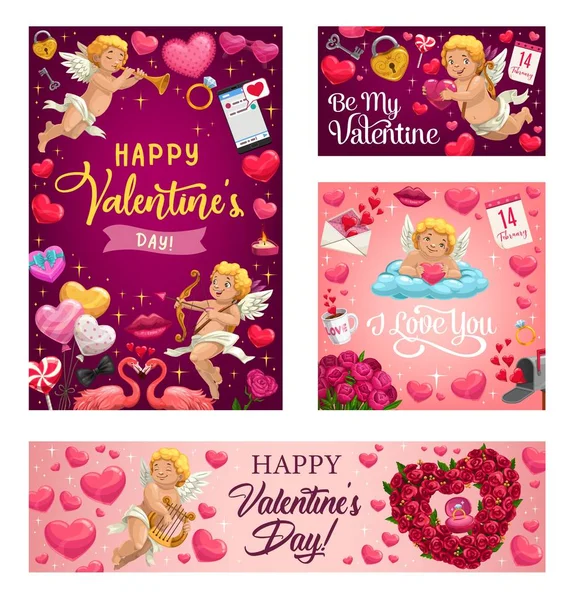 Ημέρα του Αγίου Βαλεντίνου καρδιά αγάπη, cupids και λουλούδια — Διανυσματικό Αρχείο