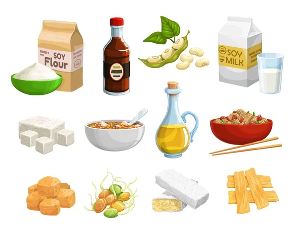 Produits naturels biologiques à base de soja et repas sains — Image vectorielle