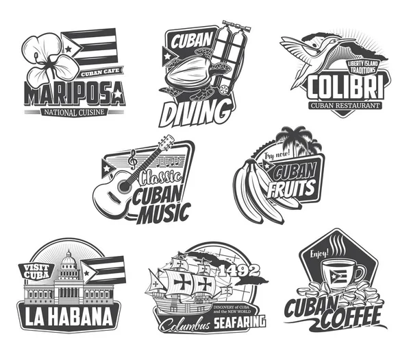 Kuba-Ikonen, Havanna-Reisen, Kultur und Essen — Stockvektor