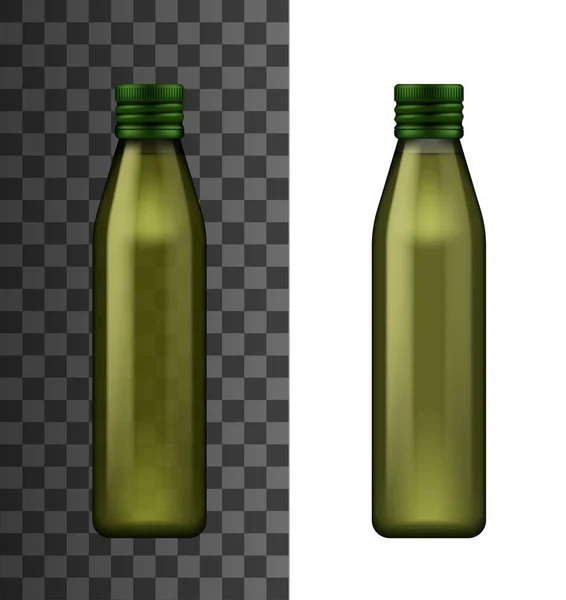 Groene glazen fles, olijfolie realistisch 3d mockup — Stockvector