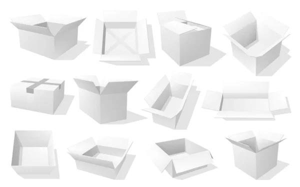 Scatola di cartone di carta bianca, pacchetto, confezione mockup — Vettoriale Stock