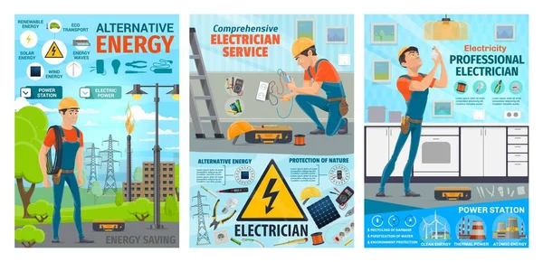 Profissão de eletricista, ferramentas de trabalho elétrico — Vetor de Stock