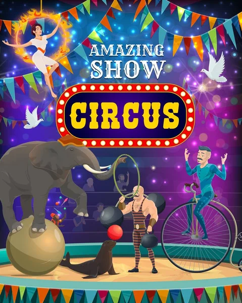 Gran carnaval de circo superior, animales y espectáculo de magia — Vector de stock