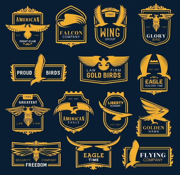 Golden eagle and hawk birds, heraldic wings icons — 스톡 벡터