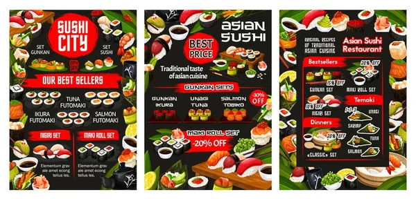 Japońskie menu sushi, azjatycka restauracja bufetowa — Wektor stockowy