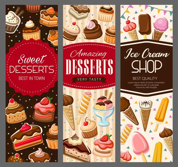 Sweet desserts, pastry cakes and bakery biscuits — Stock Vector