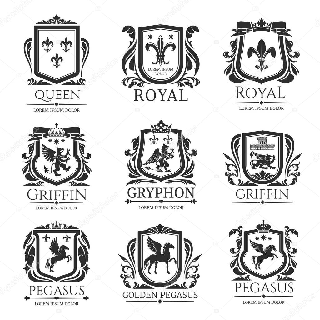 Heraldic shields, heraldry Medieval animals and royal floral emblems. Vector Pegasus horse, Griffin lion with eagle wings, imperial crown, floral wreath and fleur de lys coat of arms shield