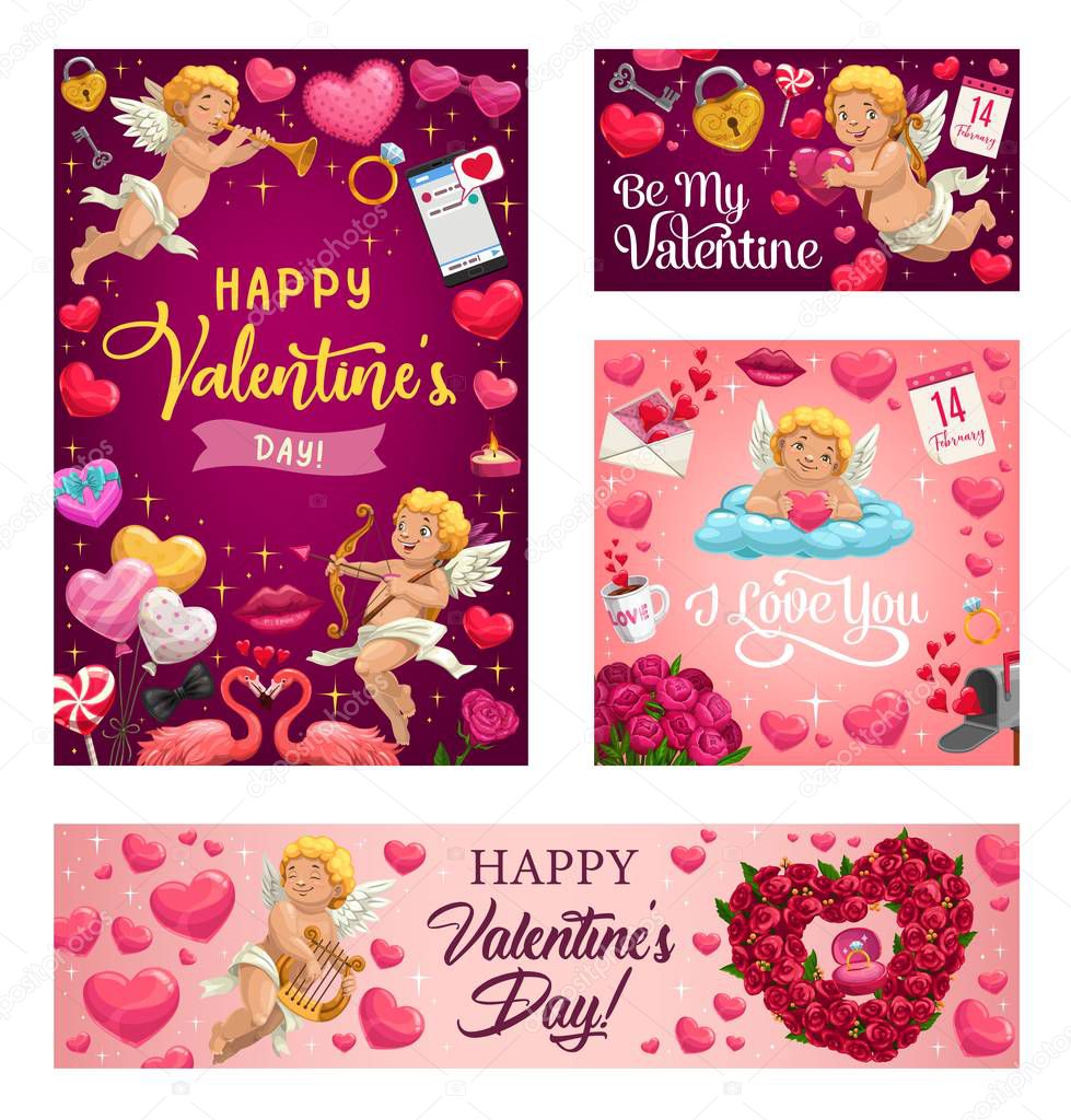 Valentines day love hearts, cupids and flowers