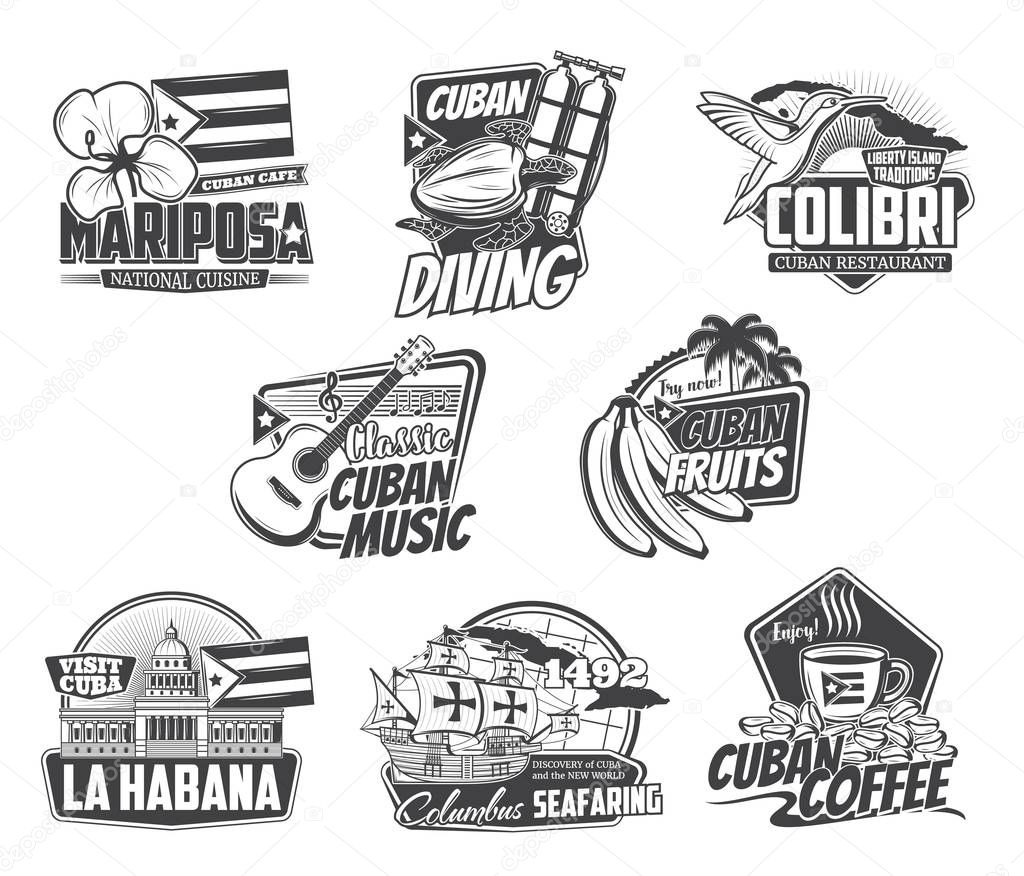 Cuba Havana travel, Caribbean cuisine food cafe and Cuban coffee sign. Vector sea diving sport club, ocean journey trips, welcome to Havana, banana package label and restaurant icon