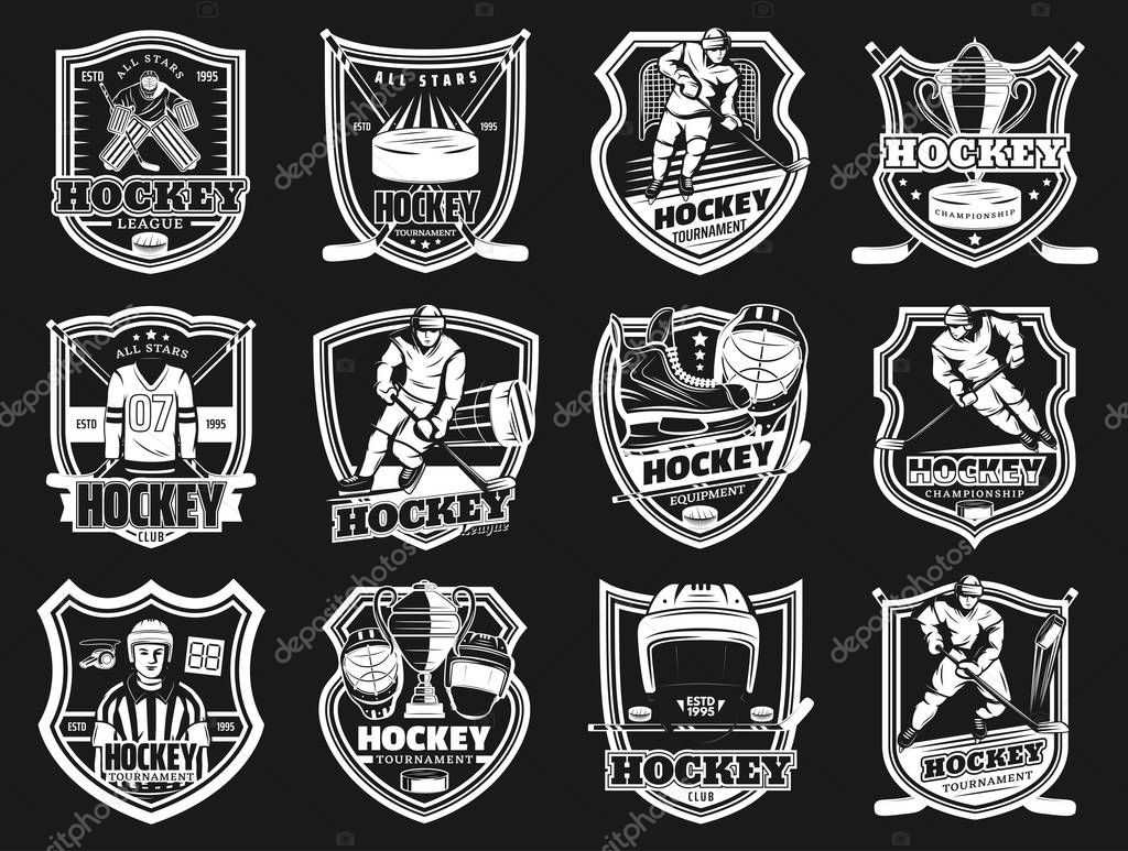 Ice hockey championship and sport club team emblems. Vector ice hockey player icons, stick and puck equipment store, goalkeeper and referee whistle, championship match cup