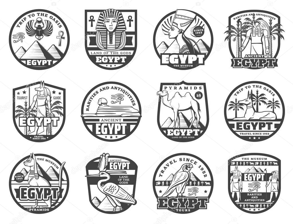 Egypt travel landmarks, ancient Egypt museum and rarity souvenirs shop signs. Vector tourism agency icons, Cairo pyramids and Sphinx, Tutankhamen pharaoh and Anubis god, scarab and Horus eye symbols