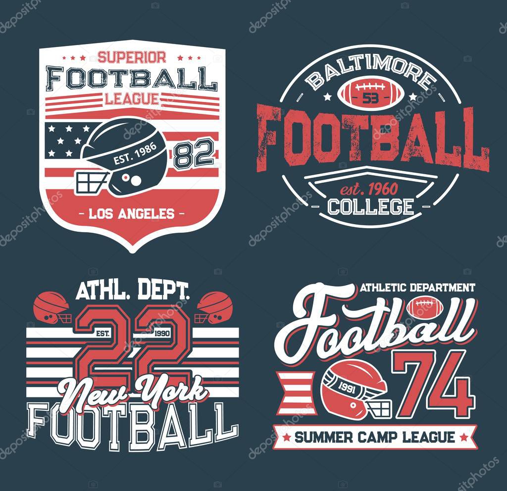 Football league retro grunge t-shirt prints. Vector college club, summer camp league. Soccer club football championship cup, sport team league. Athletic department and american flag, hobby sport game
