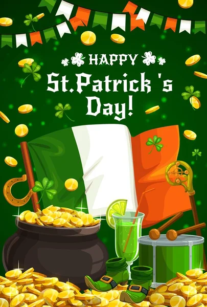 Trébol irlandés, oro y bandera. Día de Patricks — Vector de stock