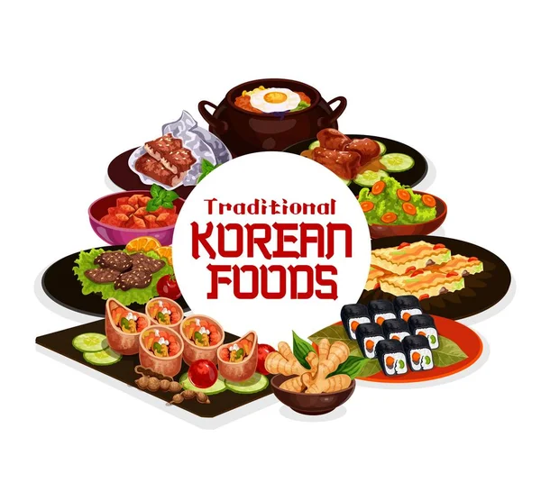 Comida tradicional coreana, platos de cocina — Vector de stock