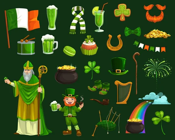 Svatý Patrick, irský shamrock, skřítek a zlato — Stockový vektor