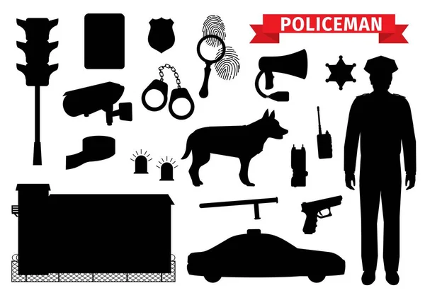 Policeman equipment, police silhouette icons — Stock Vector