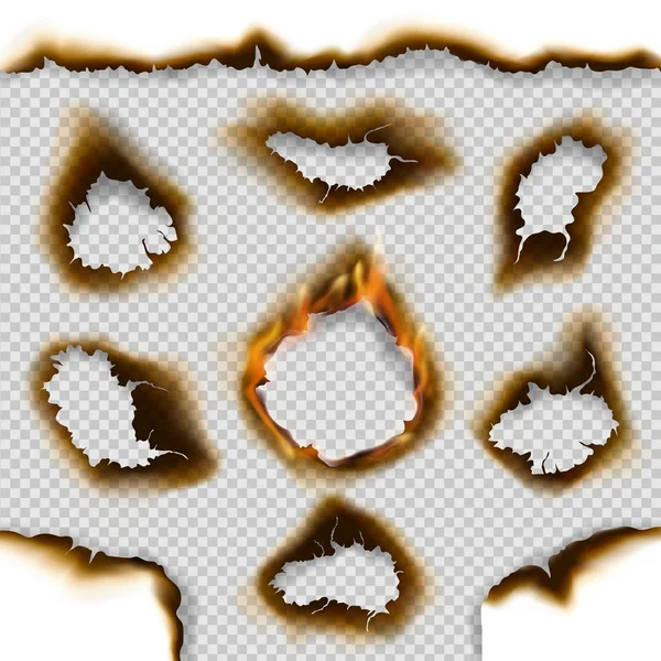 Buracos de papel queimado com chamas de fogo, cinzas, rachaduras —  Vetores de Stock
