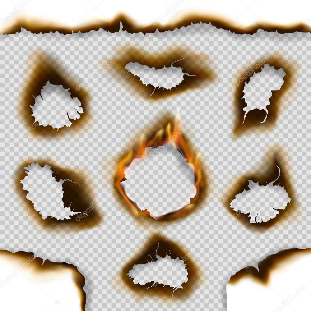 Holes of burnt paper with fire flames, ash, cracks