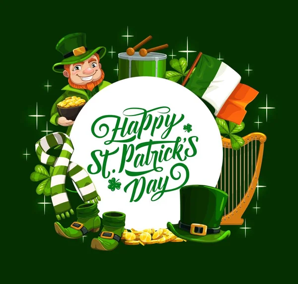 Patricks day Bandera irlandesa, duende y trébol — Vector de stock