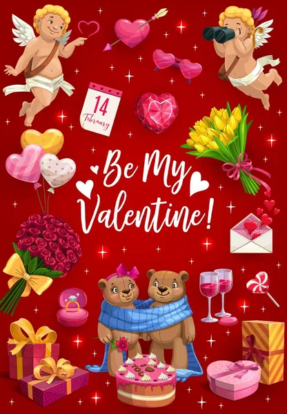 Wees Mijn Valentijn, liefde harten, cupids en bloemen — Stockvector