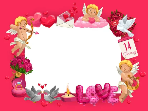 Cornice di San Valentino di cuori, Cupidi e regali — Vettoriale Stock