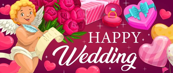 Boldog esküvőt, rózsaszín lufikat, szíveket és virágokat — Stock Vector
