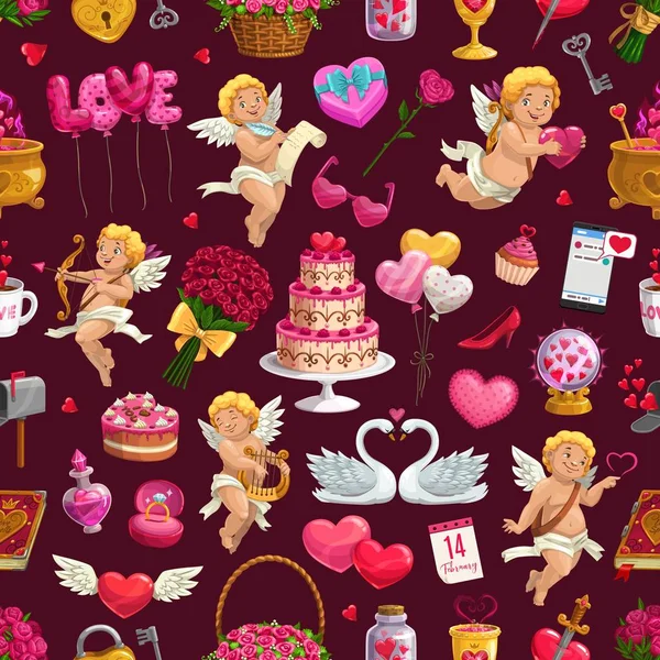 Ημέρα του Αγίου Βαλεντίνου καρδιές αγάπης, cupids αδιάλειπτη μοτίβο — Διανυσματικό Αρχείο