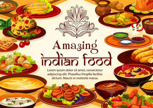 Comida indiana pratos de cozinha, tampa do menu restaurante — Vetor de Stock