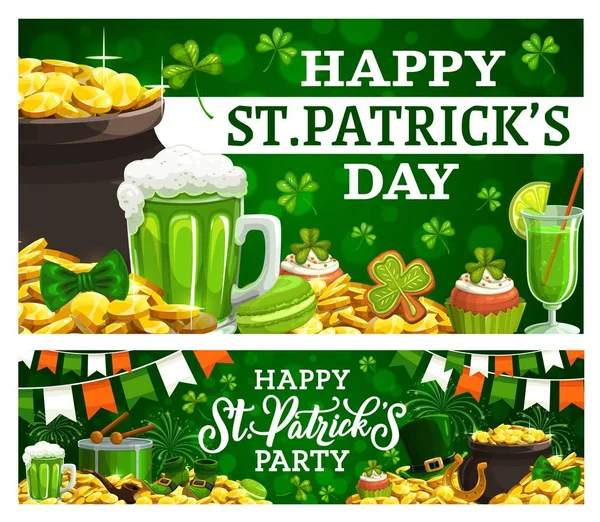 Patricks día de fiesta irlandesa, tesoros y bebidas — Vector de stock