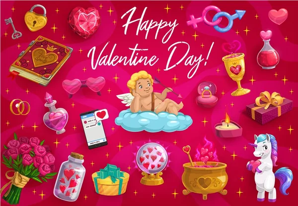 День Святого Валентина любовь сердца, Купидон ангел, единорог — стоковый вектор