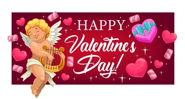 Valentines Day srdce, dárek a Amor s lyrou — Stockový vektor