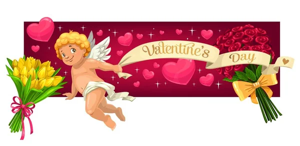 Valentijnsdag harten, bloemen en Cupido engel — Stockvector
