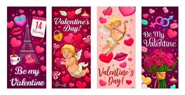 Cupido, regalo di San Valentino e striscioni di cuori — Vettoriale Stock